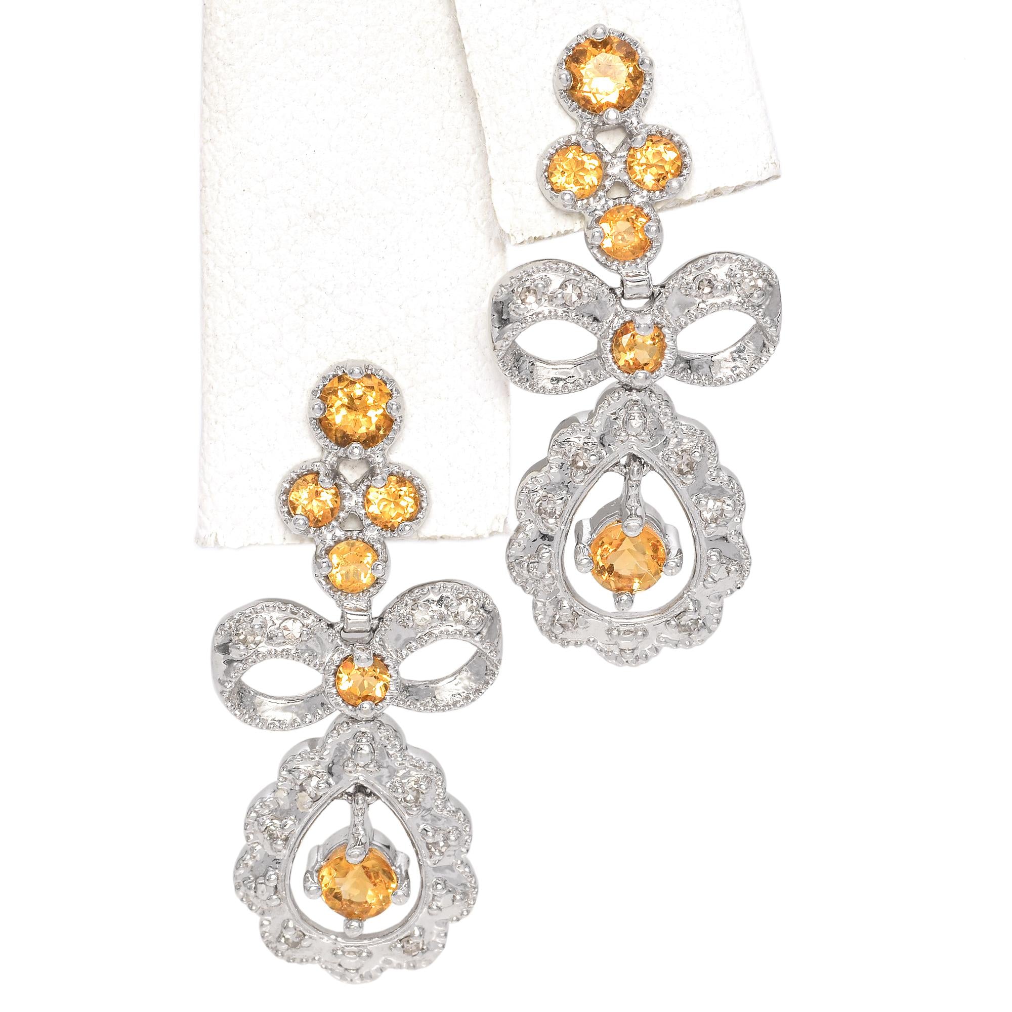 14K White Gold 0.72 TCW Citrine and Diamond Bow Motif Dangle Drop Earrings