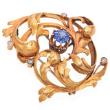 Art Nouveau 20k Yellow Gold Synthetic Sapphire and Rose Cut Diamond Vine Brooch