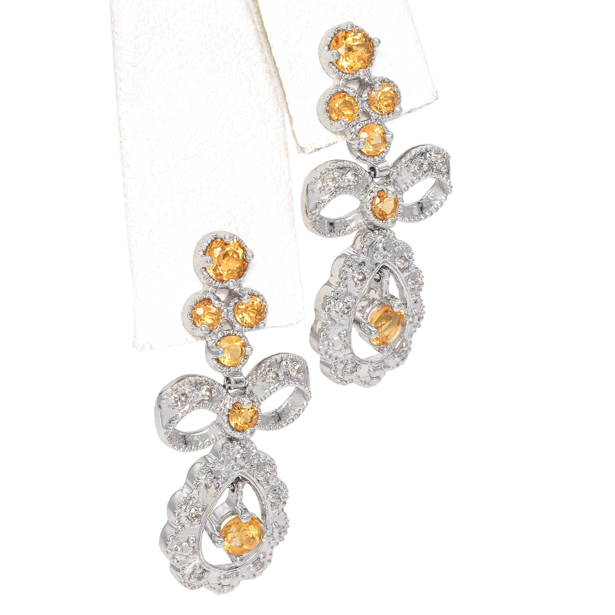 14K White Gold 0.72 TCW Citrine and Diamond Bow Motif Dangle Drop Earrings