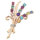 Vintage Yellow Gold Multi Gemstone Floral Spray Brooch