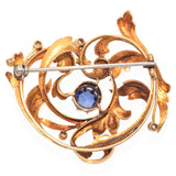 Art Nouveau 20k Yellow Gold Synthetic Sapphire and Rose Cut Diamond Vine Brooch