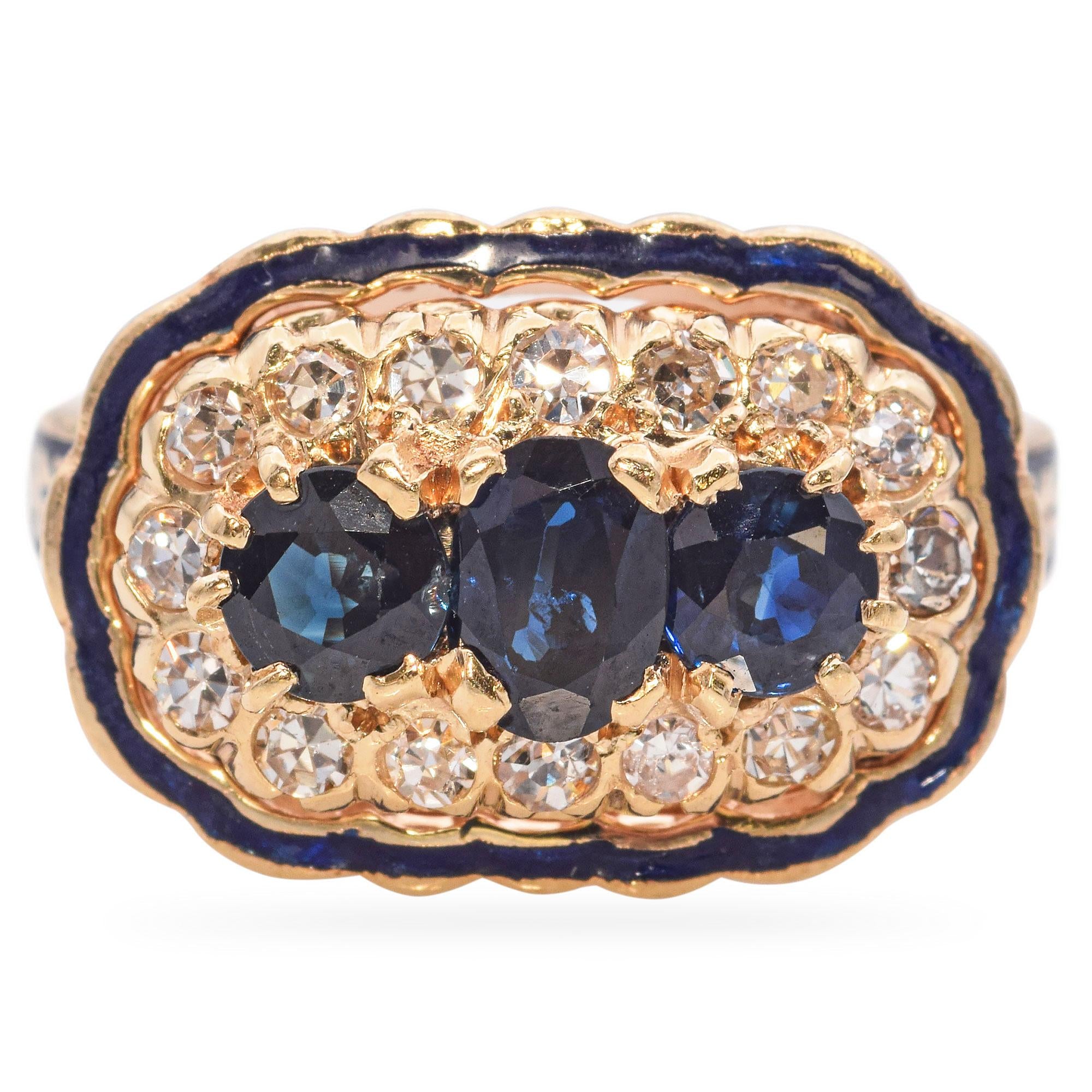 Vintage 14k Yellow Gold Diamond and Sapphire Enamel Ring