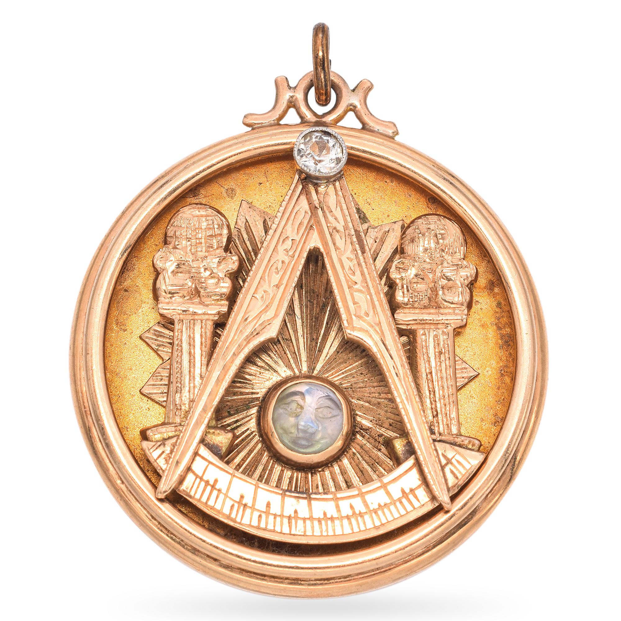 Vintage Yellow Gold Masonic Pendant with Diamonds and Moonstone Face