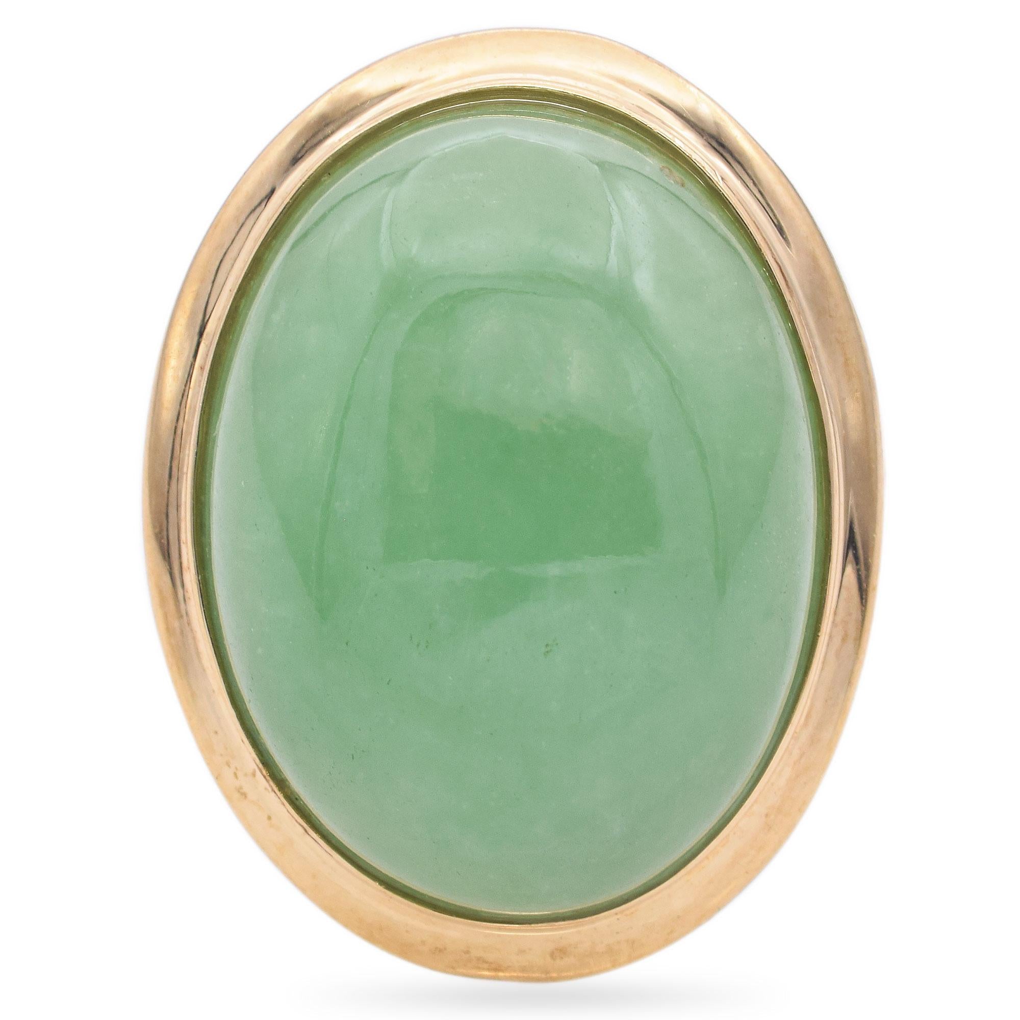 14k Yellow Gold  17.30 Ct Green Jade Cocktail Ring