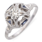 Art Deco 18k White Gold .5ct Diamond and Sapphire Solitaire Ring