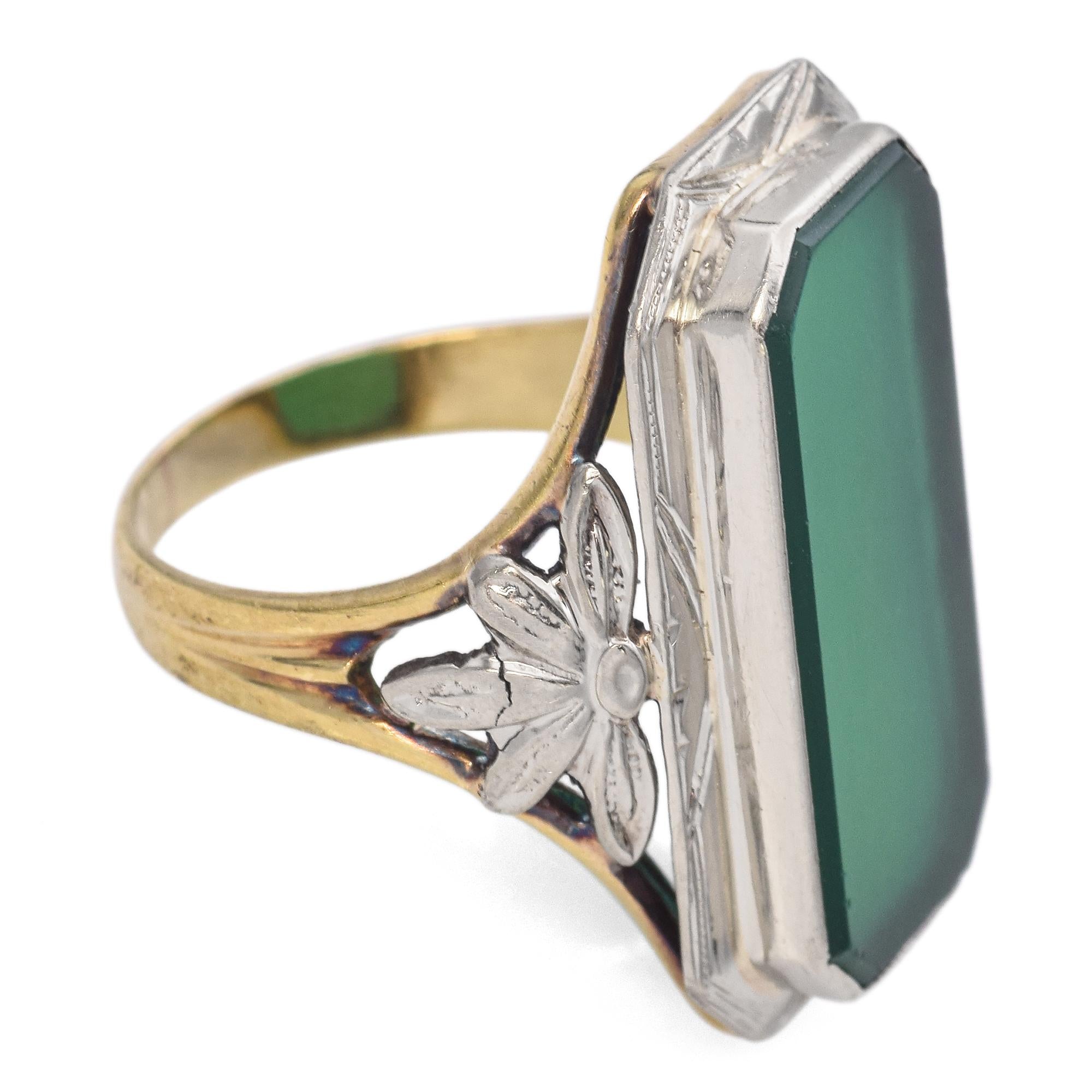 Vintage 14K Yellow & 18K White Gold 3.22 TCW Chrysoprase Tablet Leaf Motif Ring