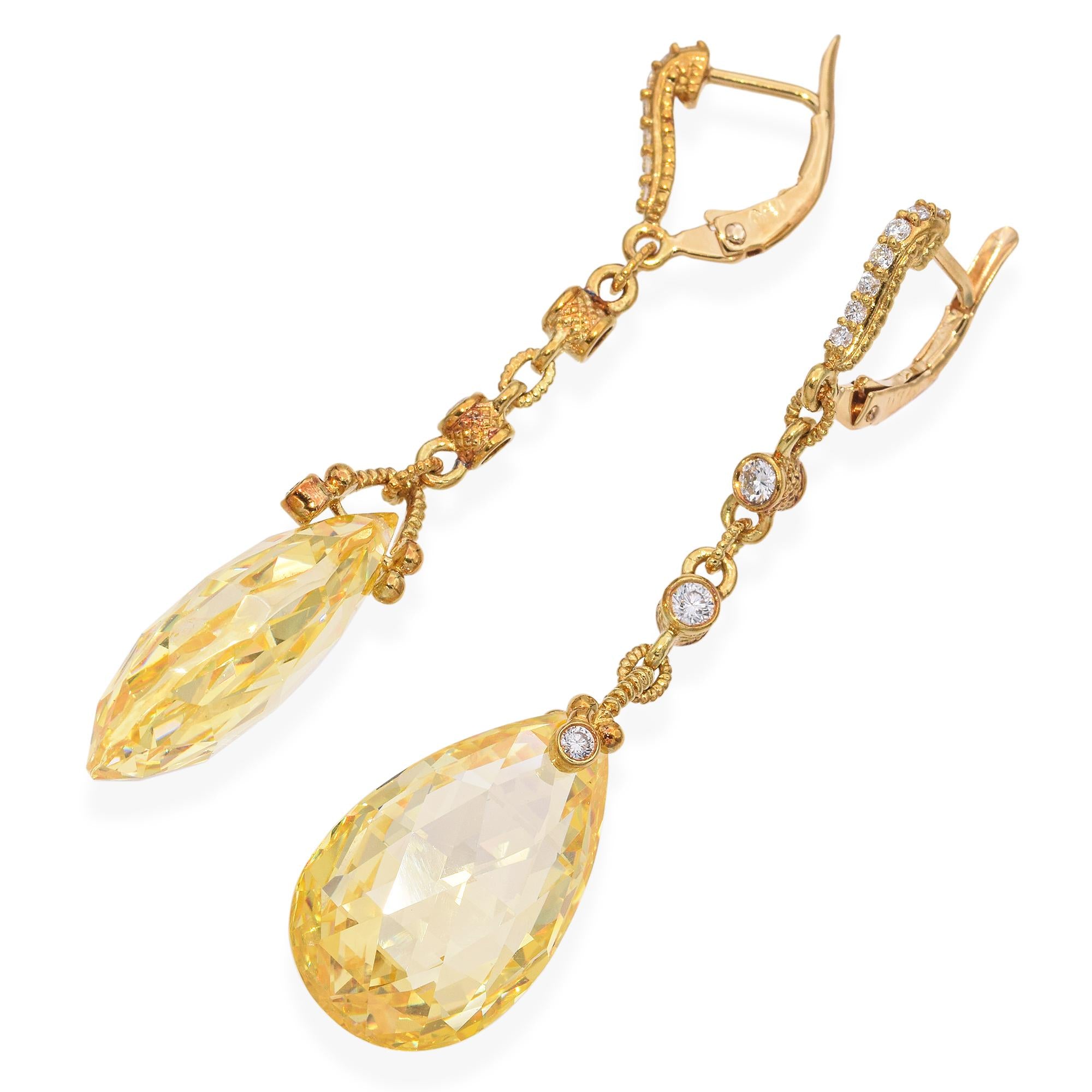 Judith Ripka 18k Yellow Gold Diamond and Lemon Quartz Briolette Drop Earrings