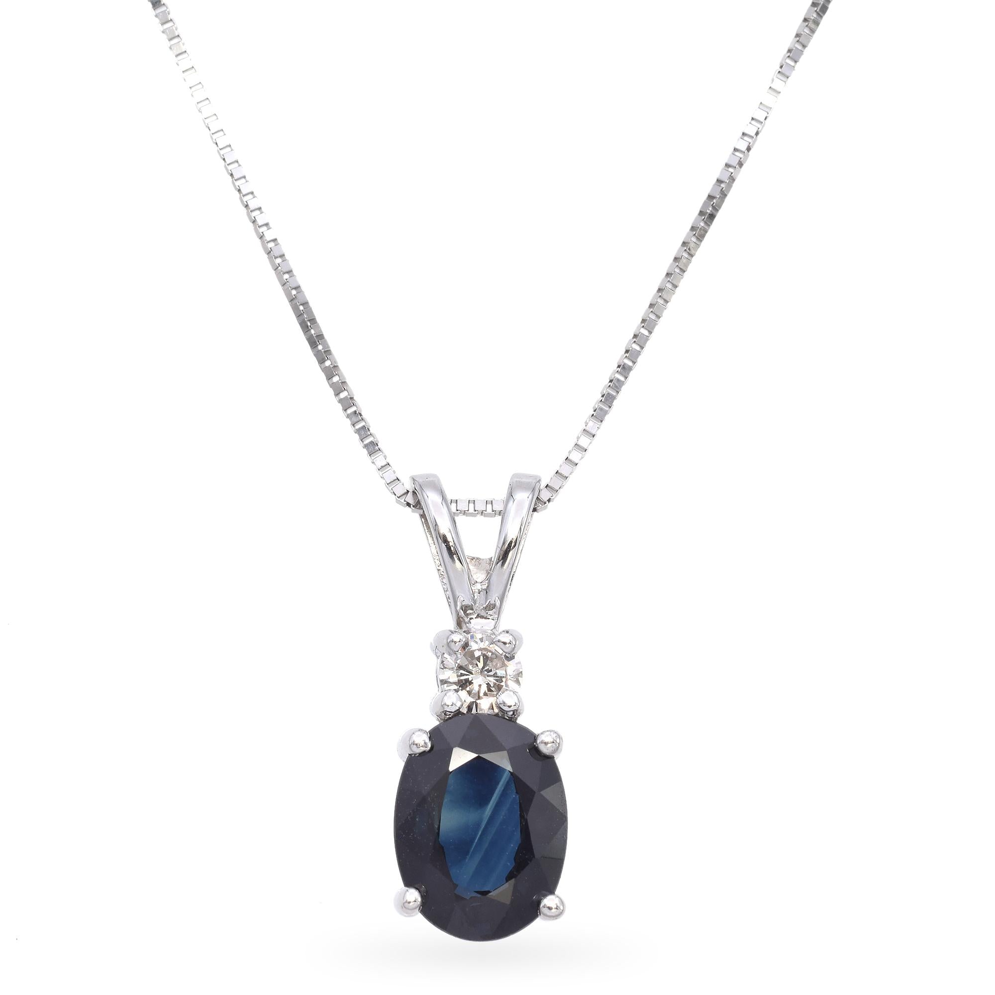 14K White Gold 1.25 Ct. Oval Sapphire and Diamond Pendant Necklace