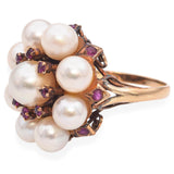 Vintage Yellow Gold Pearl and Ruby Cluster Ring