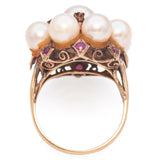 Vintage Yellow Gold Pearl and Ruby Cluster Ring