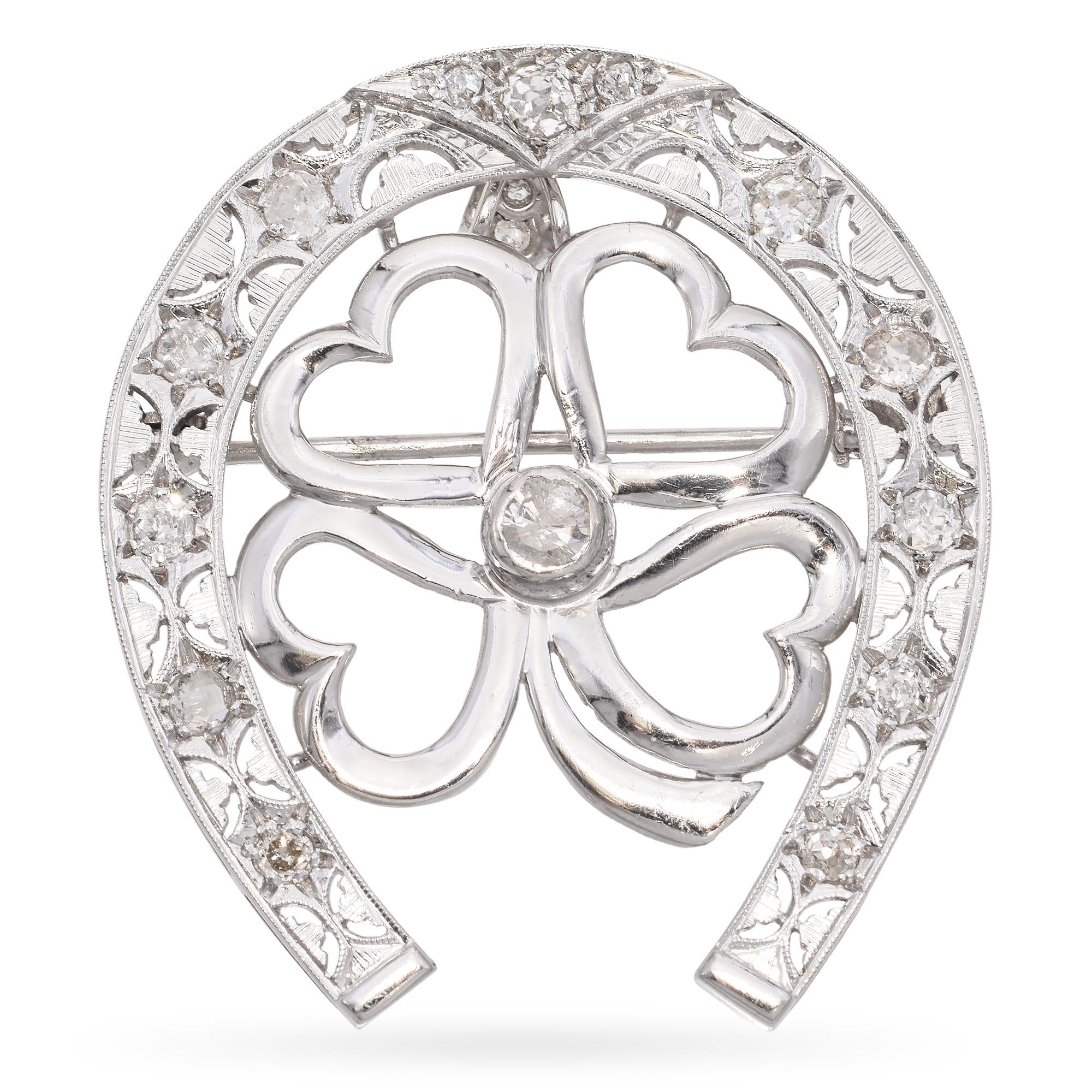 Antique Platinum Diamond Horseshoe and Four Leaf Clover Pendant Brooch