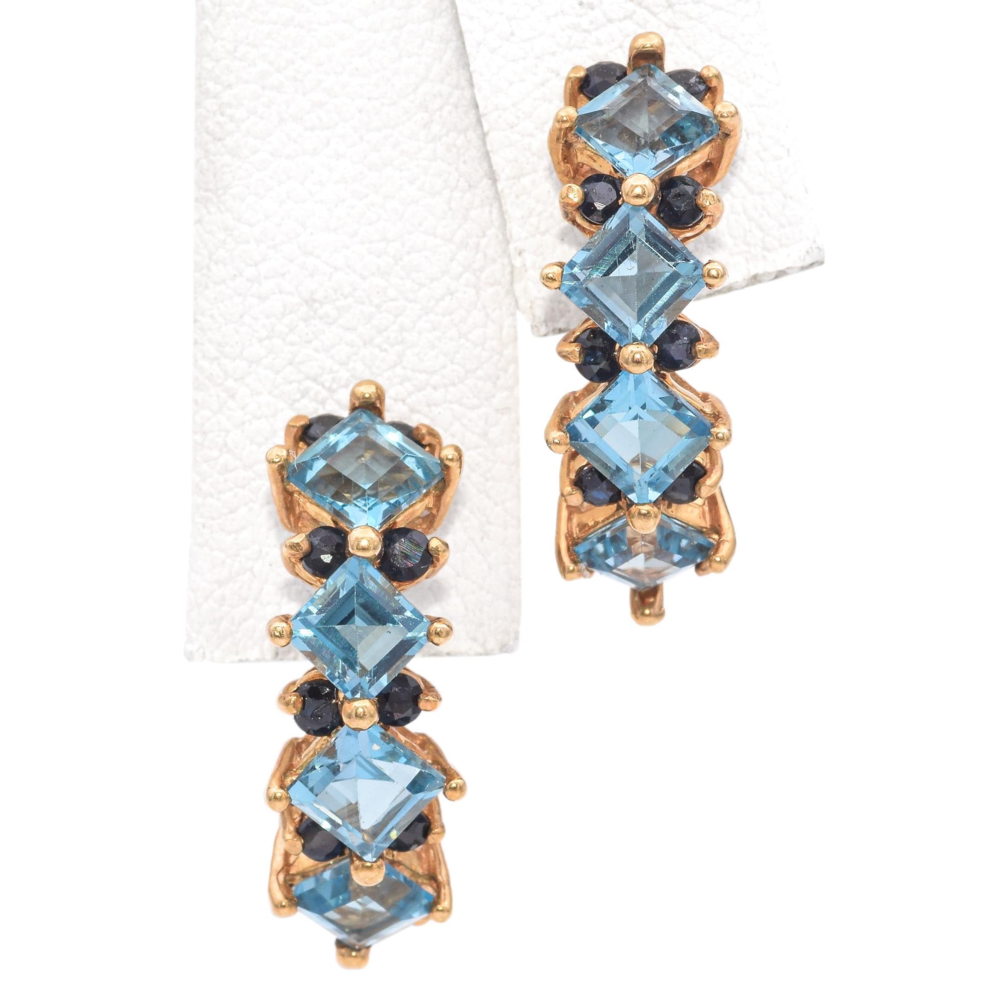 14K Yellow Gold 3.36 TCW Blue Topaz and Sapphire Semi Hoop Earrings