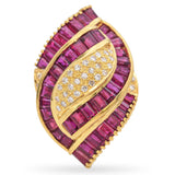 Vintage 18k Yellow Gold Ruby and Diamond Swirl Statement Ring