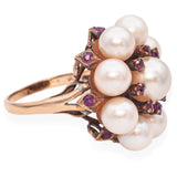 Vintage Yellow Gold Pearl and Ruby Cluster Ring