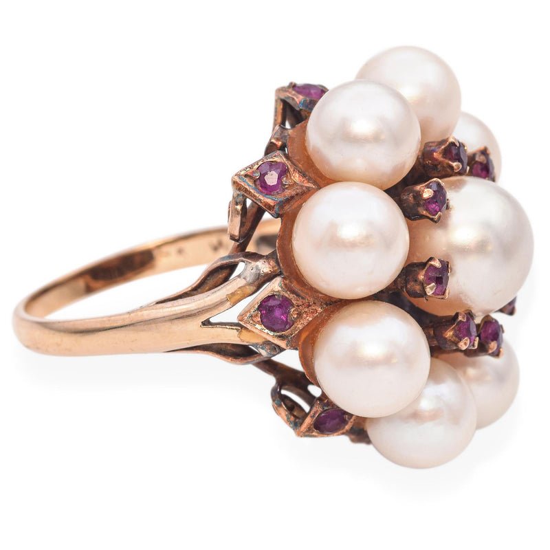 Vintage Yellow Gold Pearl and Ruby Cluster Ring