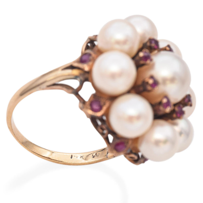 Vintage Yellow Gold Pearl and Ruby Cluster Ring