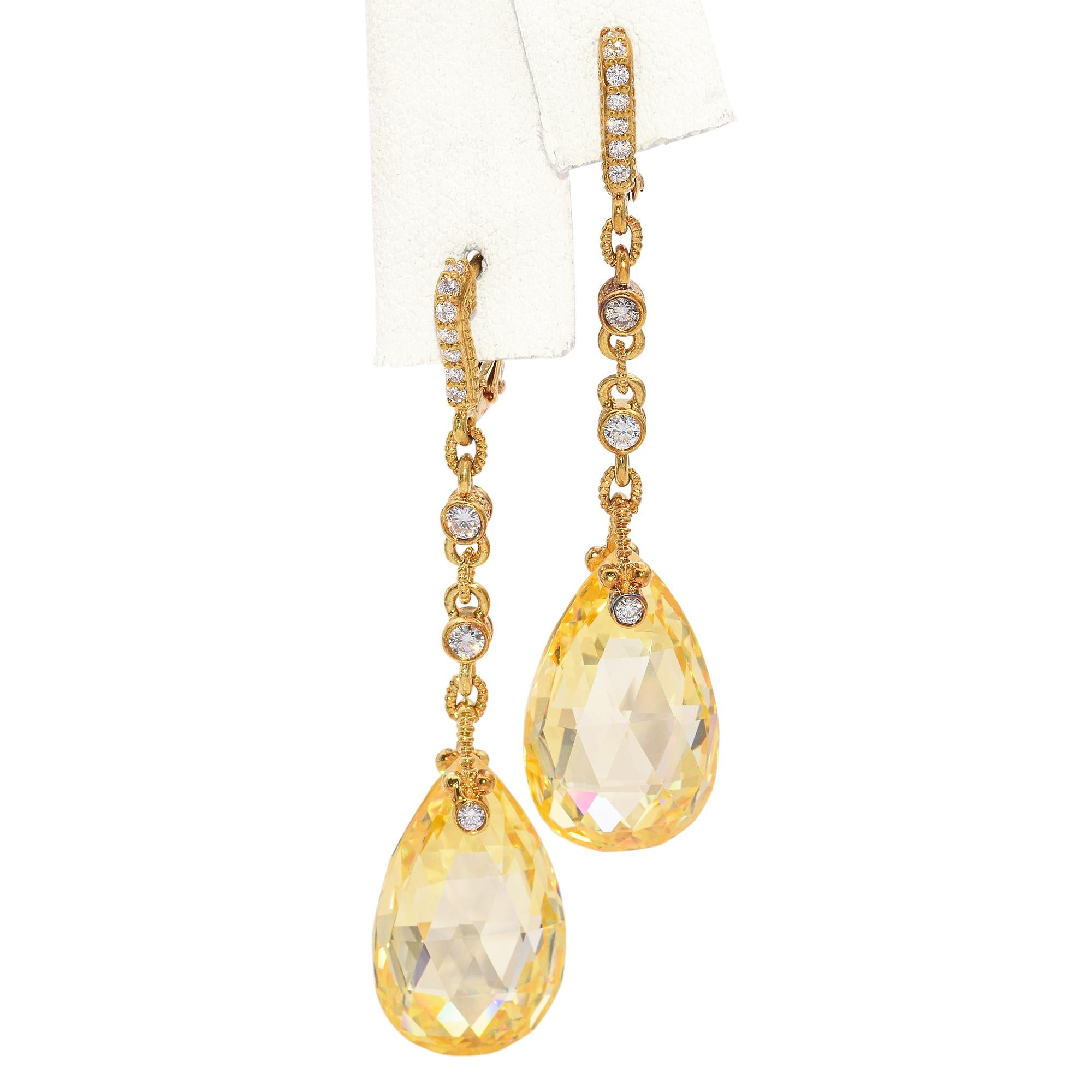 Judith Ripka 18k Yellow Gold Diamond and Lemon Quartz Briolette Drop Earrings