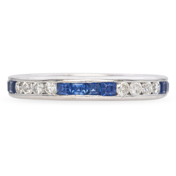 Platinum Round Brilliant Diamond and Calibre Cut Blue Sapphire Band