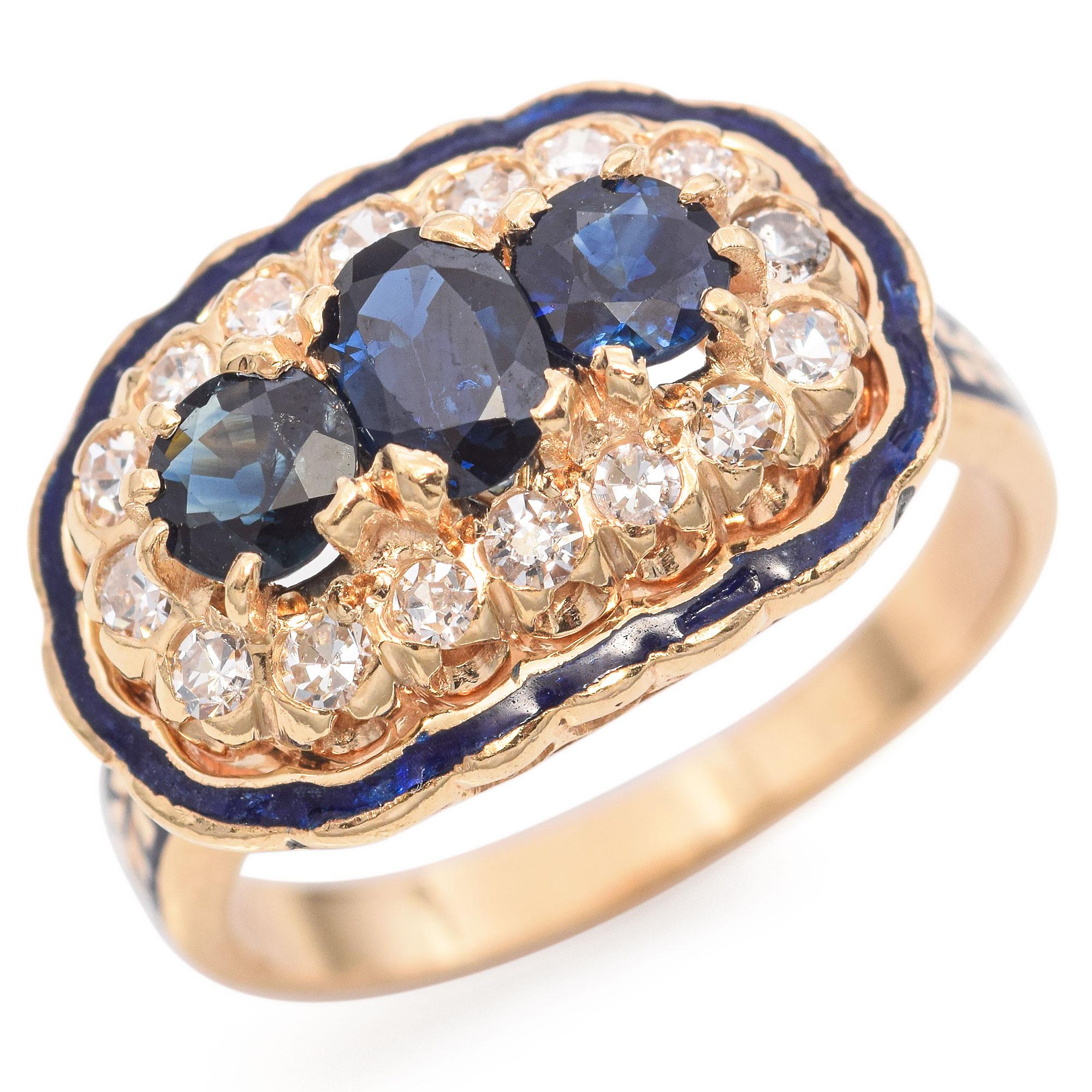 Vintage 14k Yellow Gold Diamond and Sapphire Enamel Ring