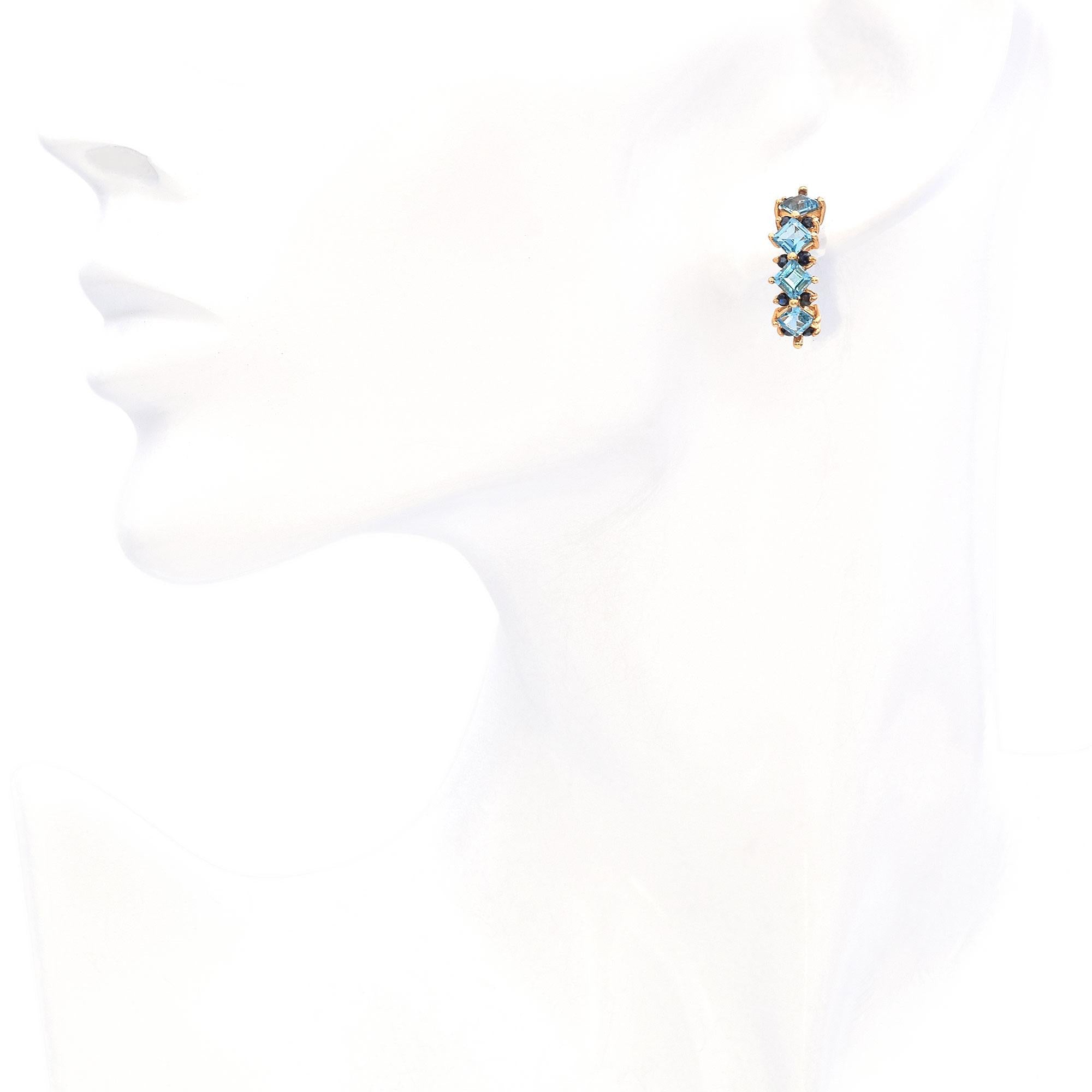 14K Yellow Gold 3.36 TCW Blue Topaz and Sapphire Semi Hoop Earrings