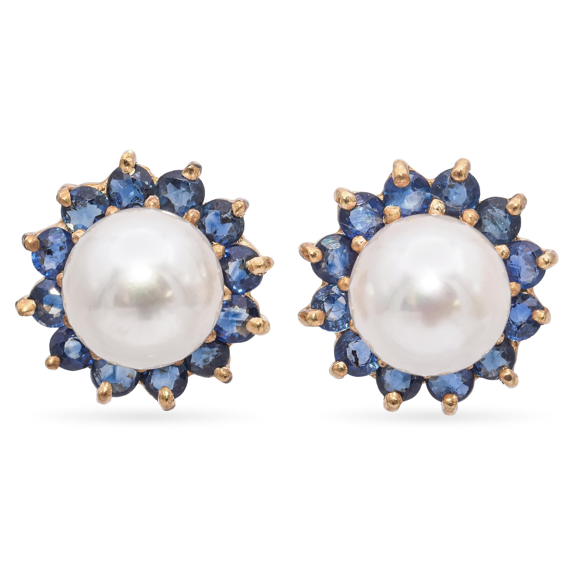 14K Yellow Gold Pearl & 0.72 TCW Sapphire Halo Jacket Stud Earrings