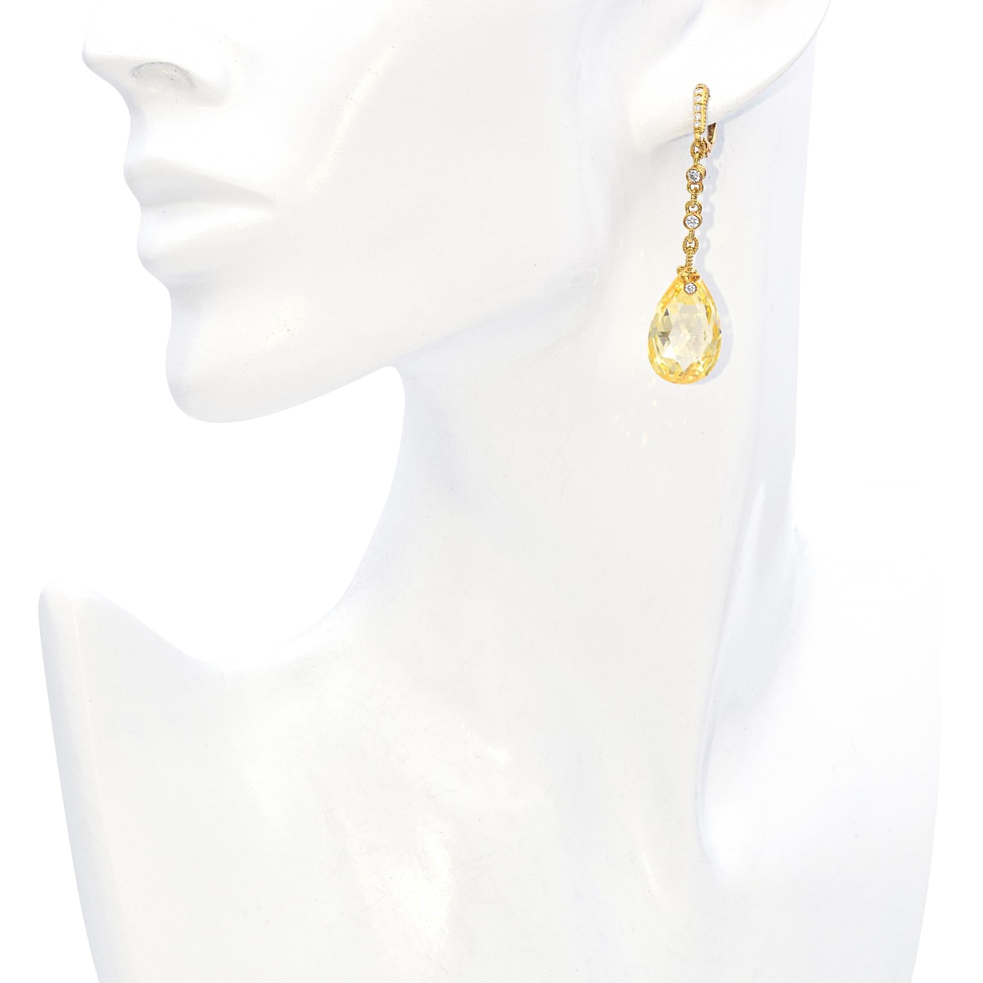 Judith Ripka 18k Yellow Gold Diamond and Lemon Quartz Briolette Drop Earrings