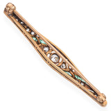 Antique Belle Epoque Platinum and Yellow Gold Diamond and Emerald Bar Brooch