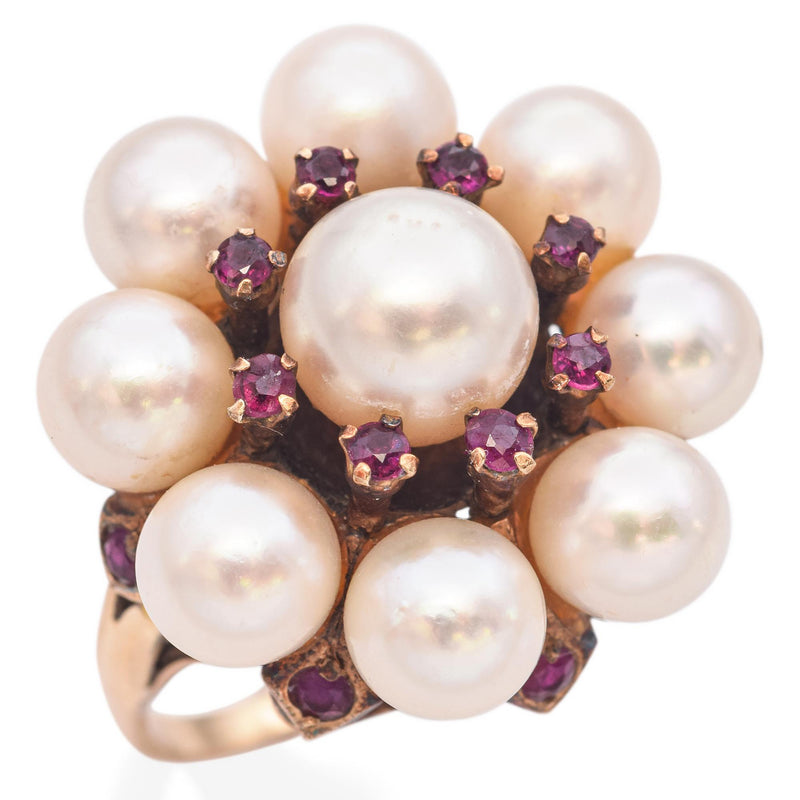 Vintage Yellow Gold Pearl and Ruby Cluster Ring