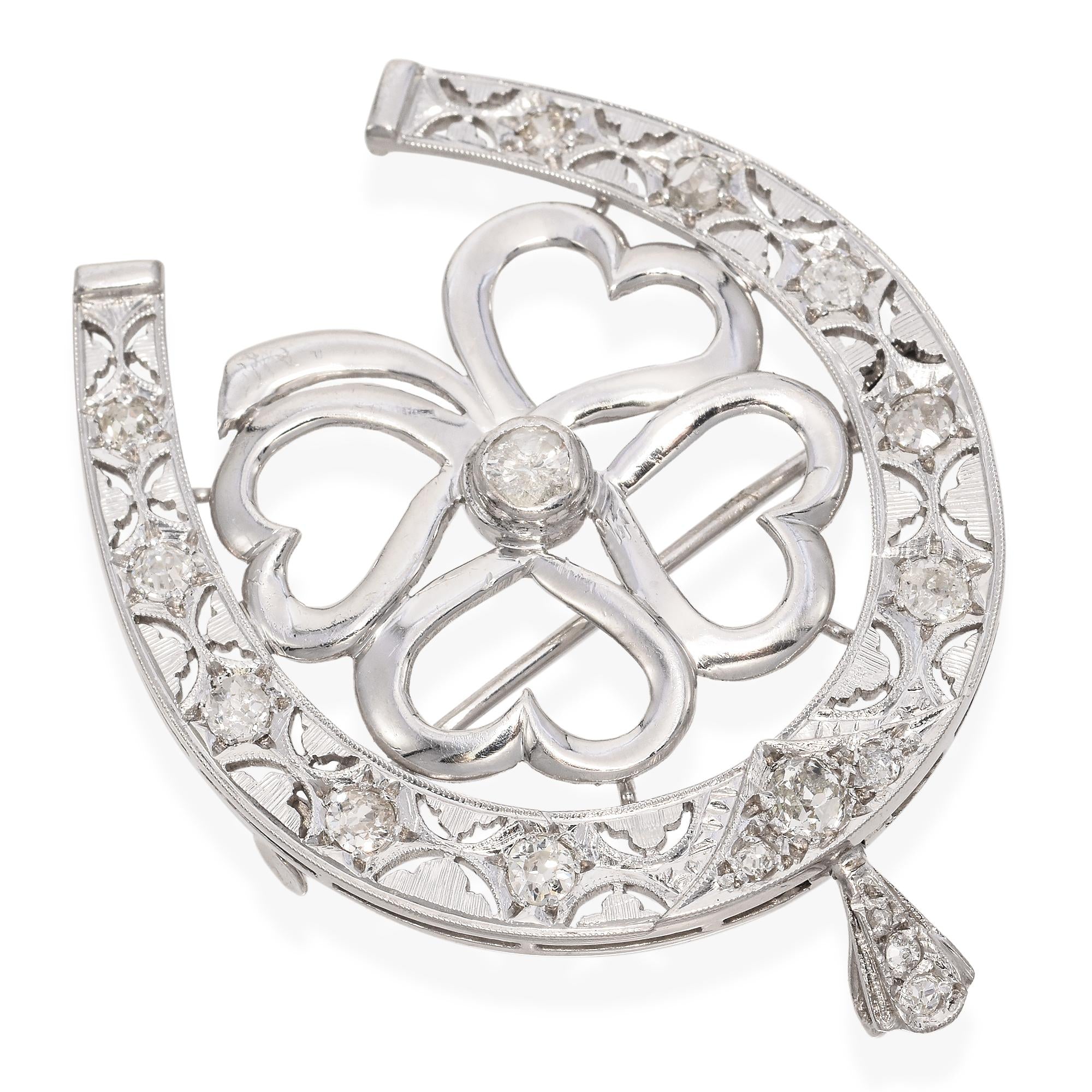 Antique Platinum Diamond Horseshoe and Four Leaf Clover Pendant Brooch