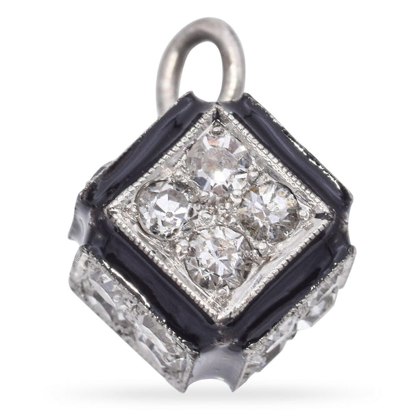 Vintage Art Deco Platinum 0.48 TCW Diamond and Black Enamel Cube Charm Pendant