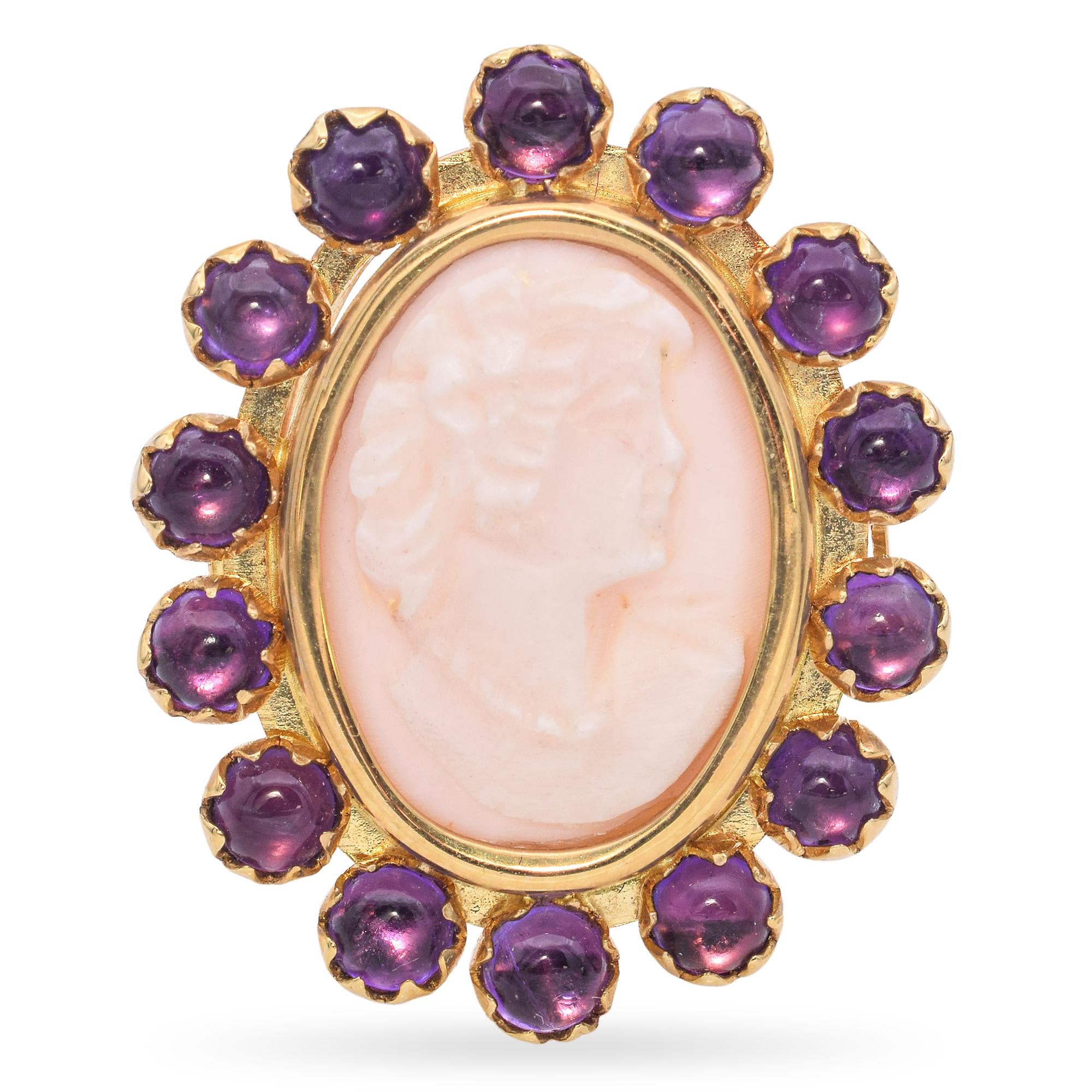 Vintage Rossana Italy 14K Yellow Gold Pink Seashell Cameo Amethyst Cabochon Ring