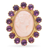 Vintage Rossana Italy 14K Yellow Gold Pink Seashell Cameo Amethyst Cabochon Ring