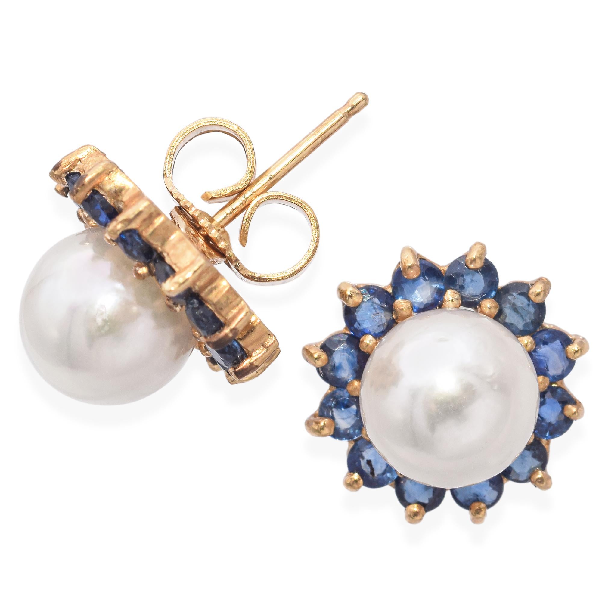 14K Yellow Gold Pearl & 0.72 TCW Sapphire Halo Jacket Stud Earrings