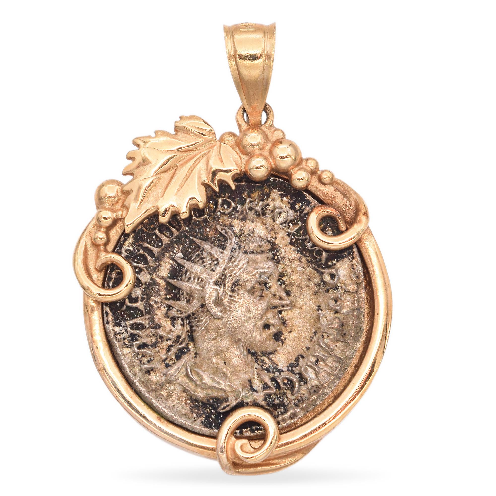 Ancient Silver Roman Coin in 14K Yellow Gold Pendant