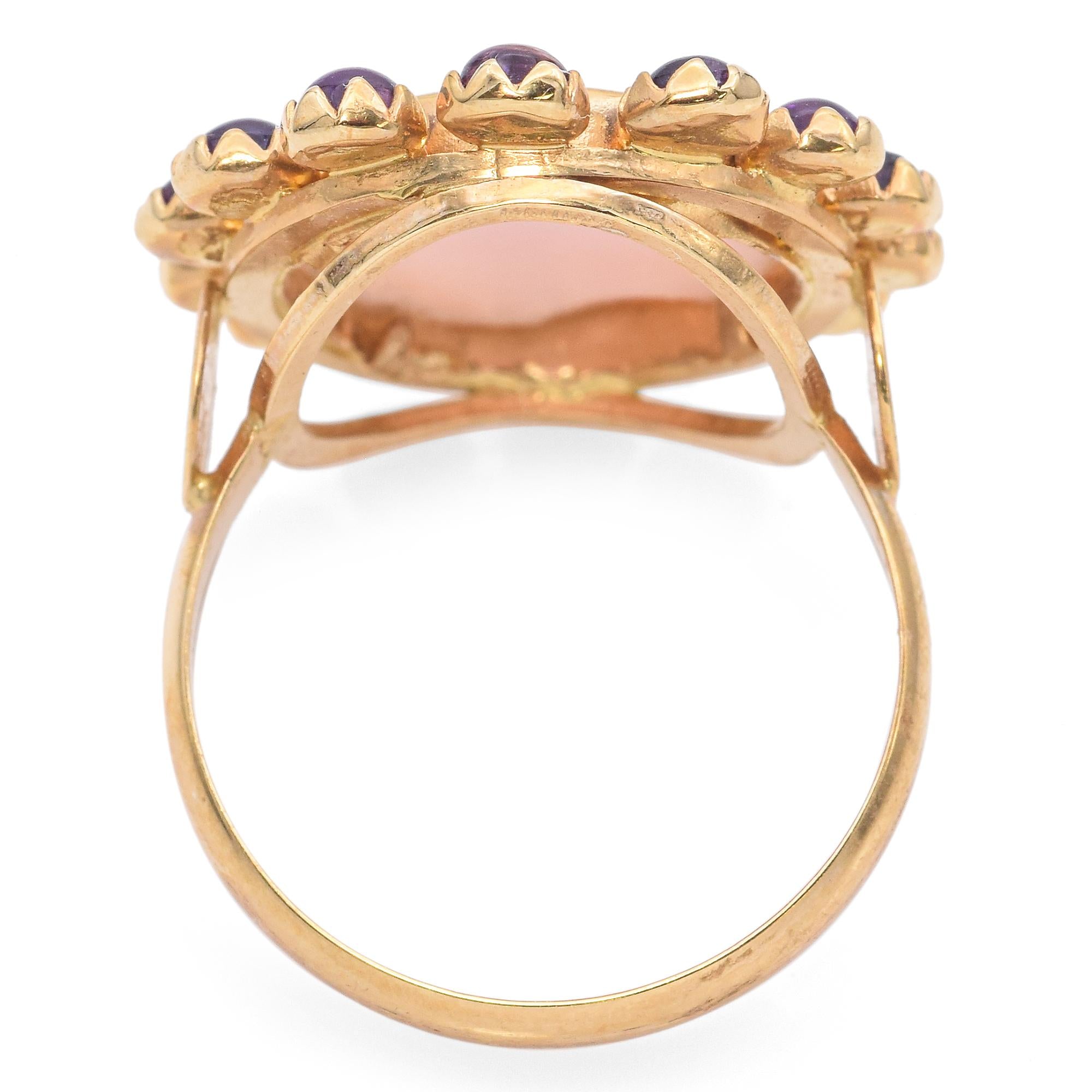 Vintage Rossana Italy 14K Yellow Gold Pink Seashell Cameo Amethyst Cabochon Ring