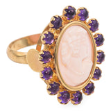 Vintage Rossana Italy 14K Yellow Gold Pink Seashell Cameo Amethyst Cabochon Ring