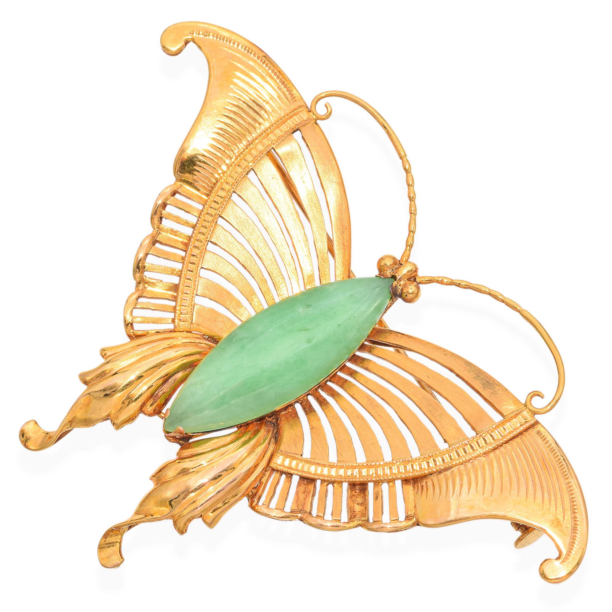 Vintage 14K Yellow Gold Jade Butterfly Brooch