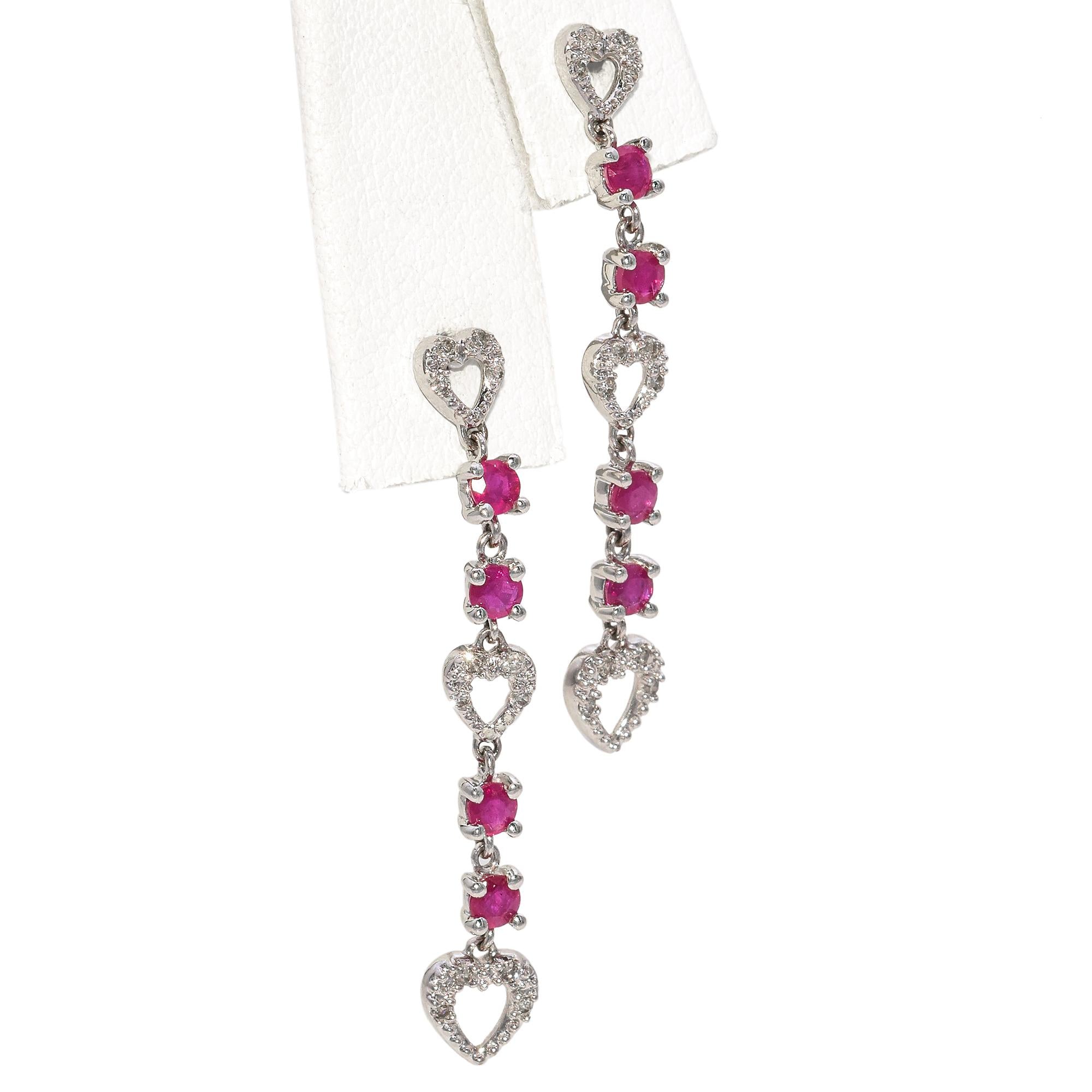 14K White Gold 0.56 TCW Ruby and Diamond Heart Dangle Earrings