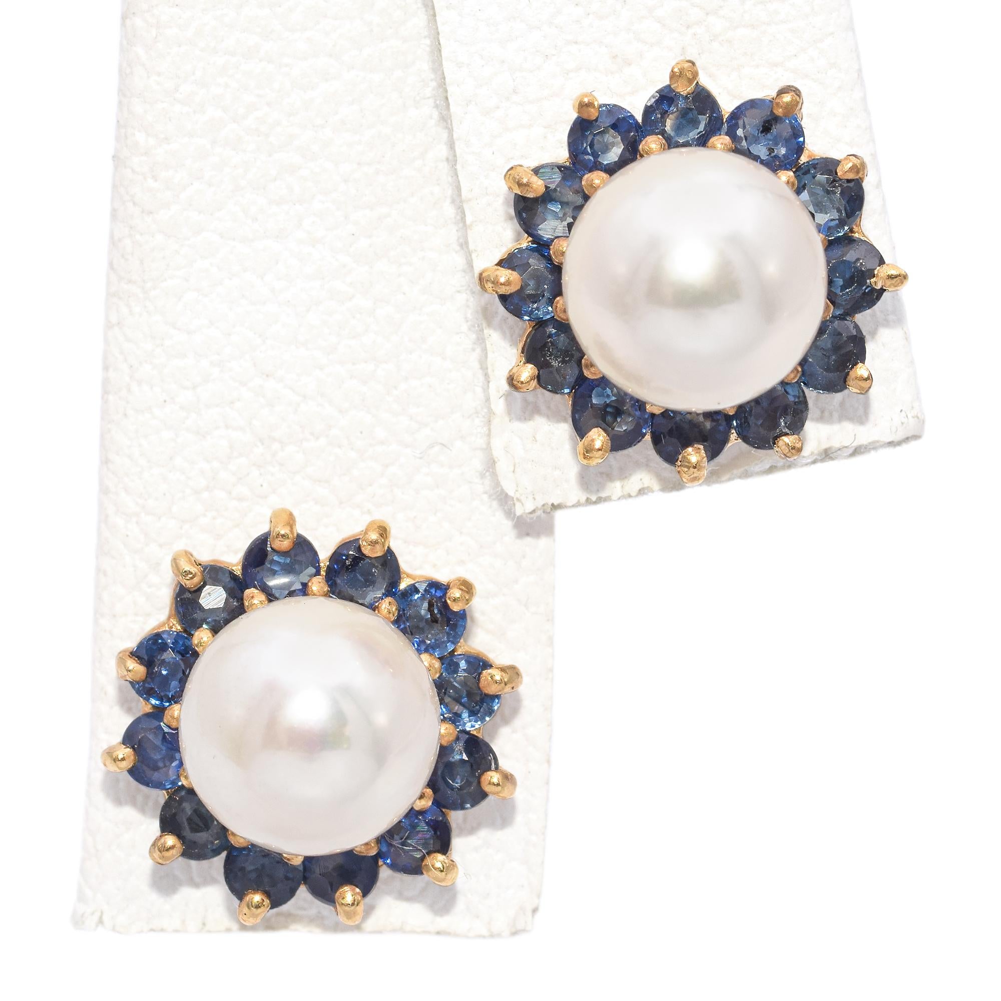 14K Yellow Gold Pearl & 0.72 TCW Sapphire Halo Jacket Stud Earrings