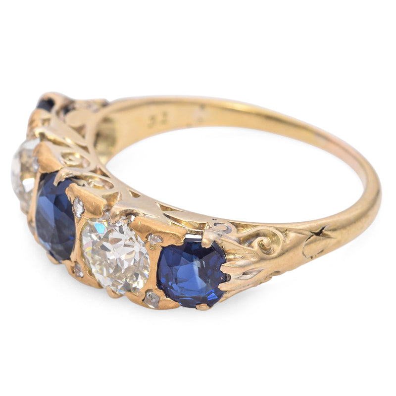 Antique Edwardian 16k Yellow Gold Sapphire and Diamond Five Stone Ring