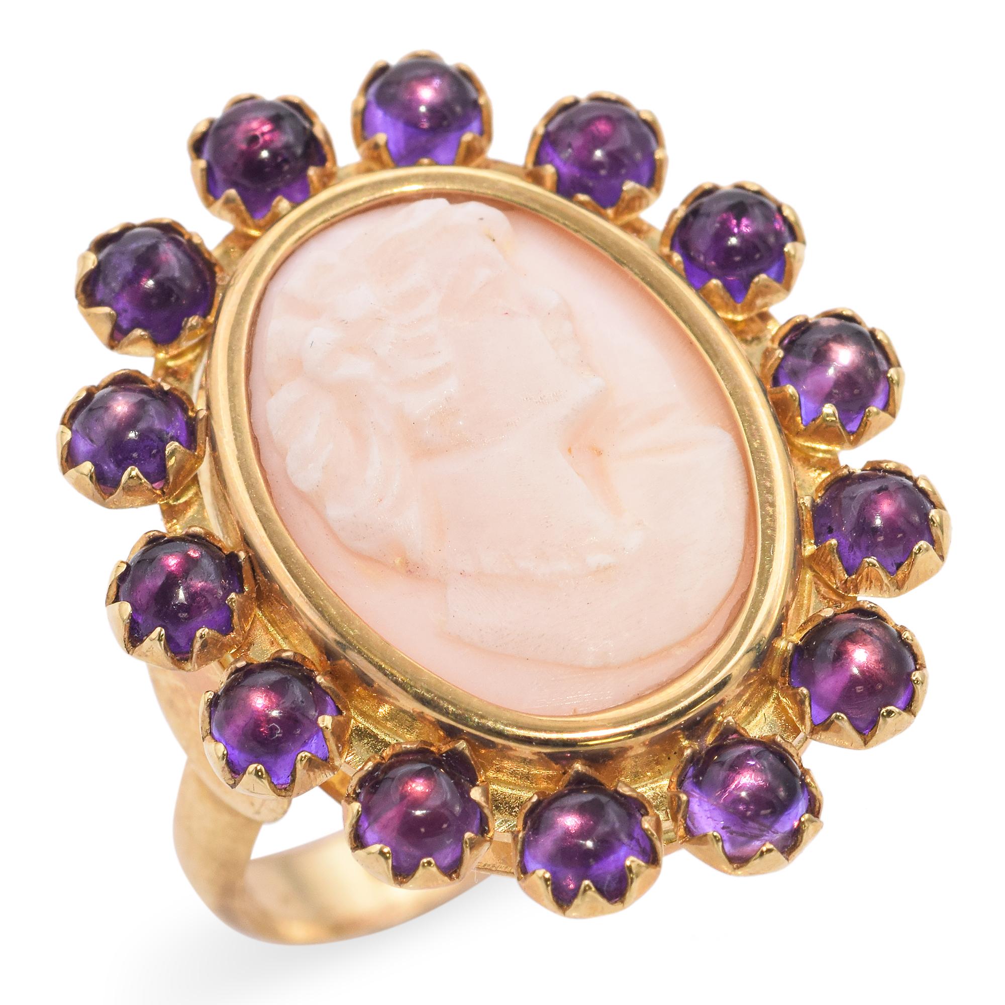 Vintage Rossana Italy 14K Yellow Gold Pink Seashell Cameo Amethyst Cabochon Ring