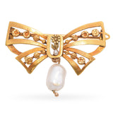 Antique 20k Yellow Gold Bow Brooch With Floral Details and Pearl