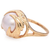 Vintage 10K Yellow Gold Mabe Pearl Floral Cocktail Ring