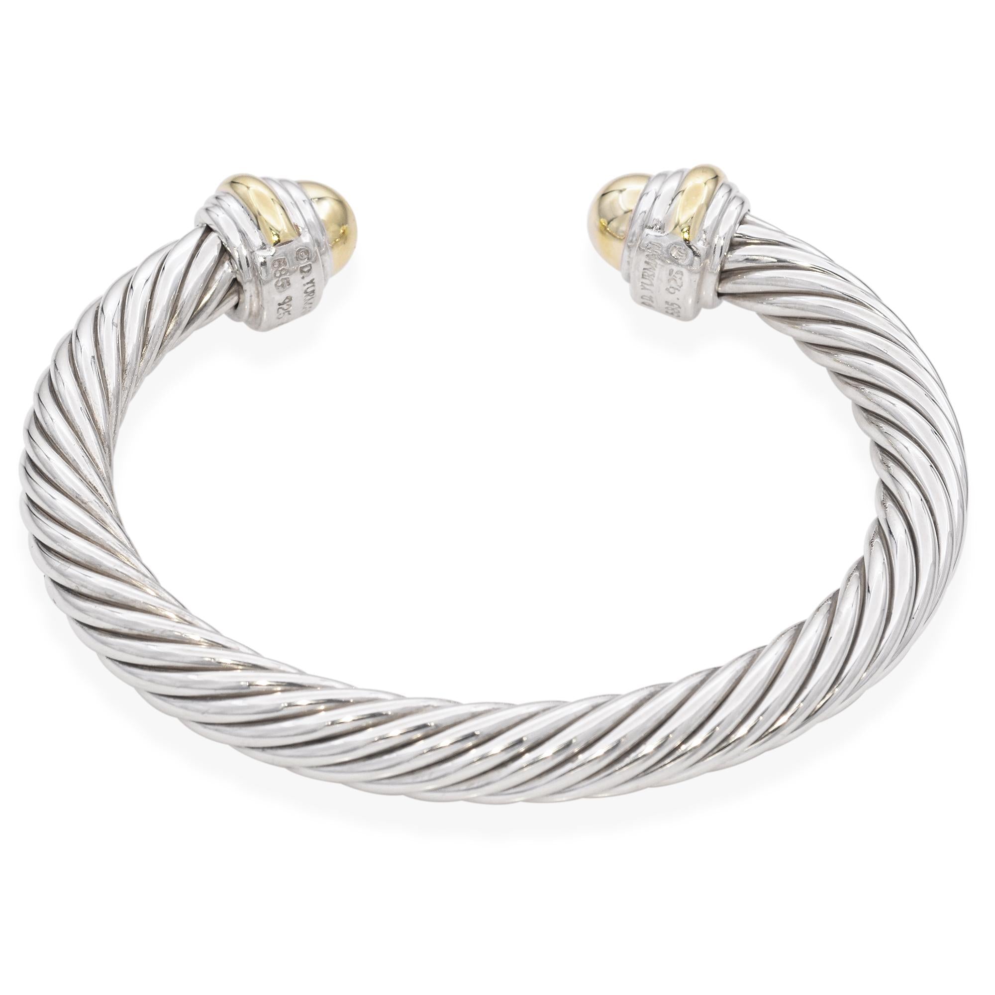 David Yurman Sterling Silver and 14K Yellow Gold Cable Cuff Bangle Bracelet