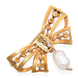 Antique 20k Yellow Gold Bow Brooch With Floral Details and Pearl