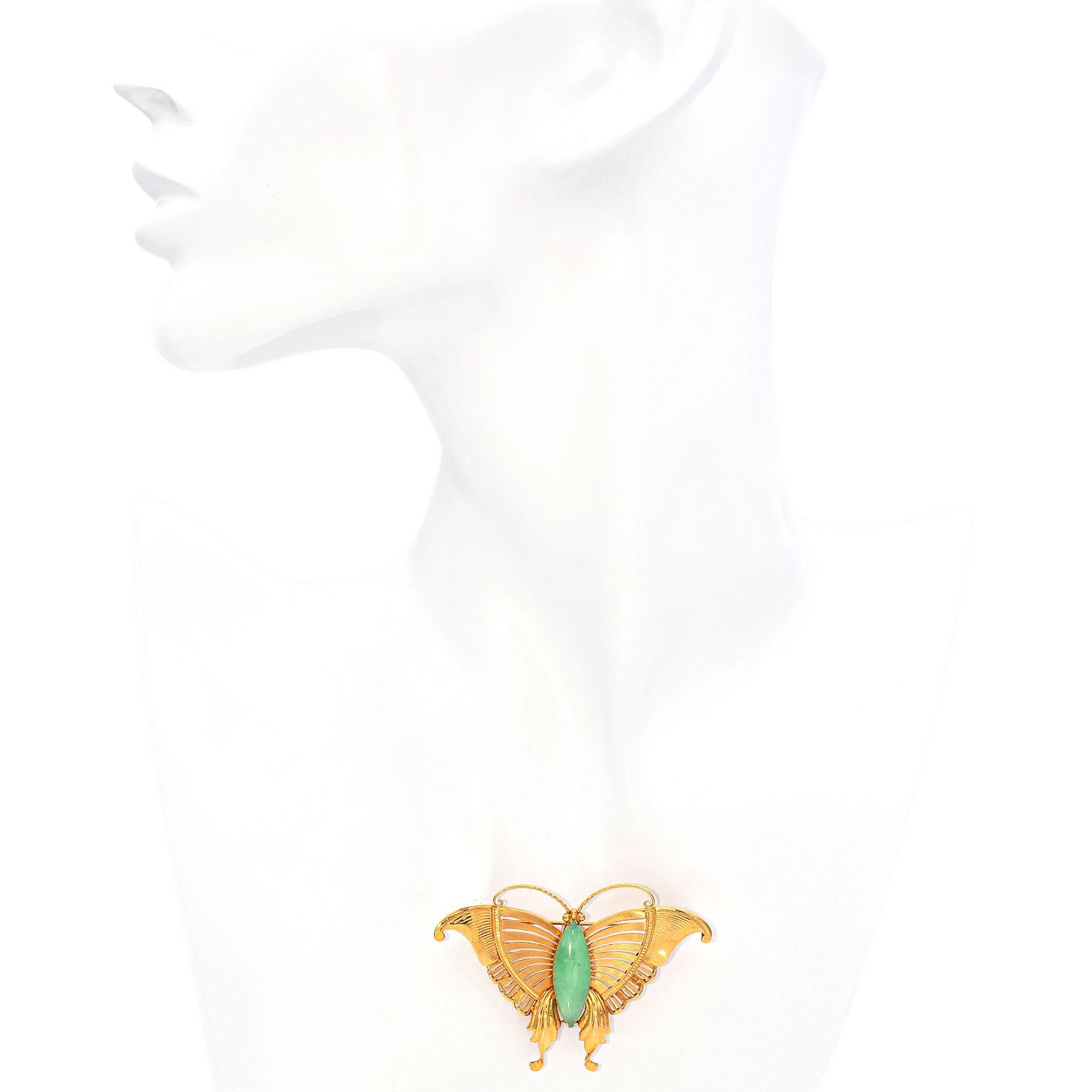 Vintage 14K Yellow Gold Jade Butterfly Brooch