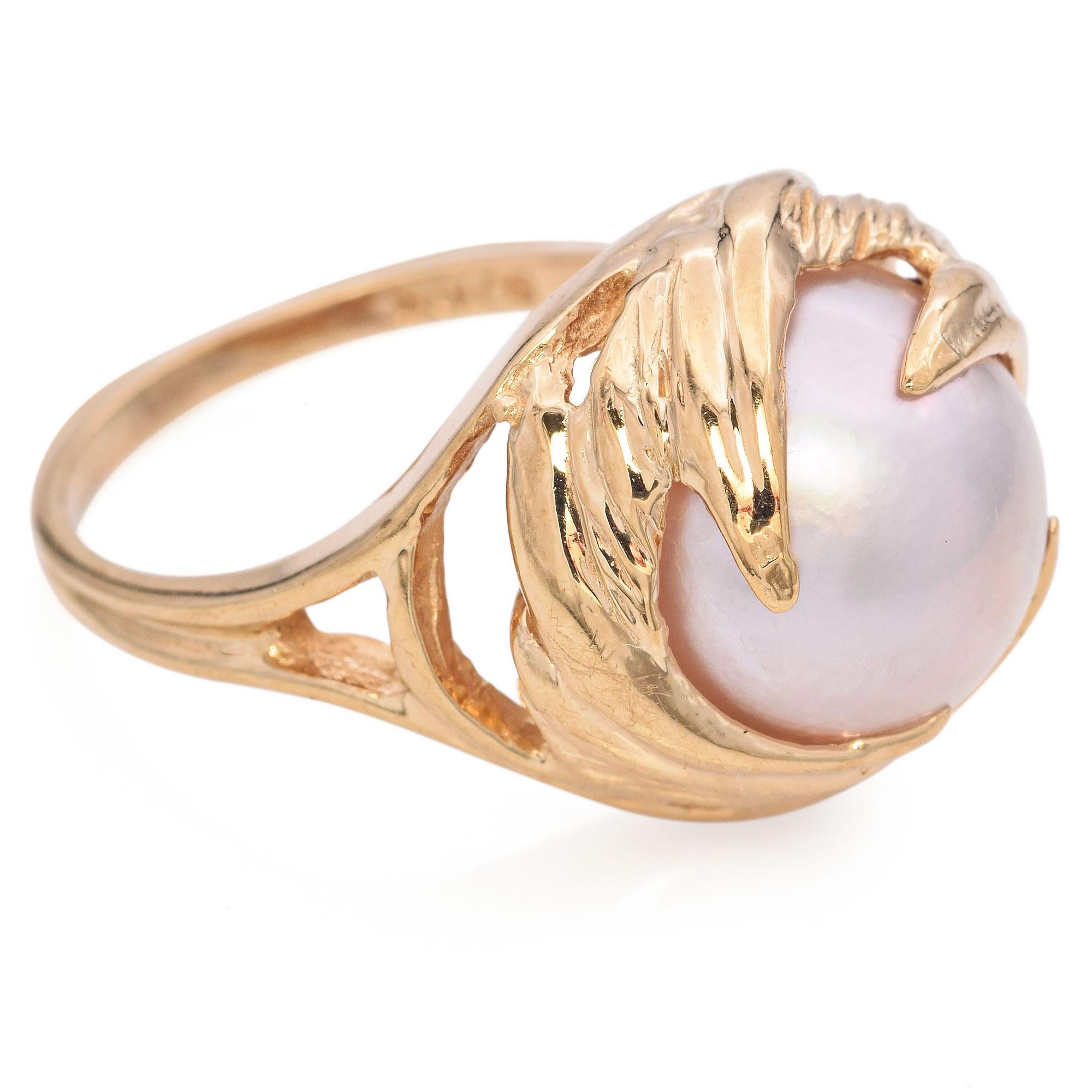 Vintage 10K Yellow Gold Mabe Pearl Floral Cocktail Ring