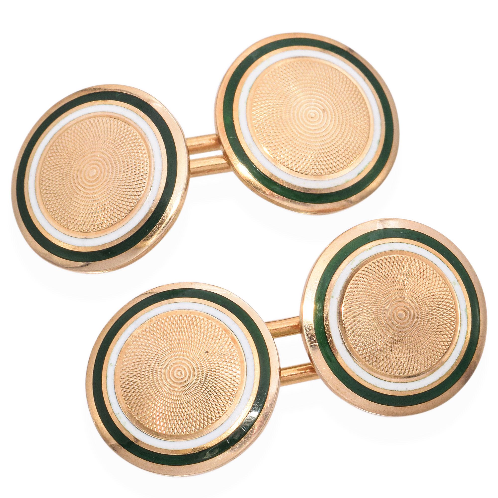 Antique 14K Yellow Gold Guilloché Etched Enamel Round Disc Mens Cufflinks