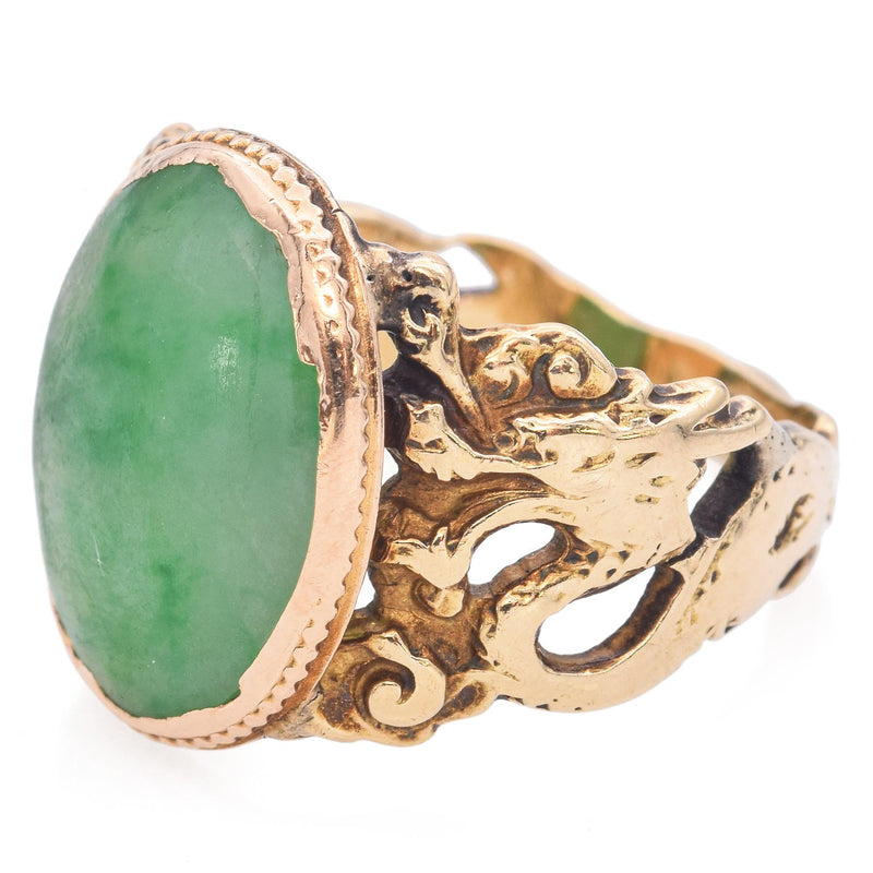 Vintage 14K Yellow Gold 3.7 Carats Green Cabochon Jade Band Ring Size 3.5