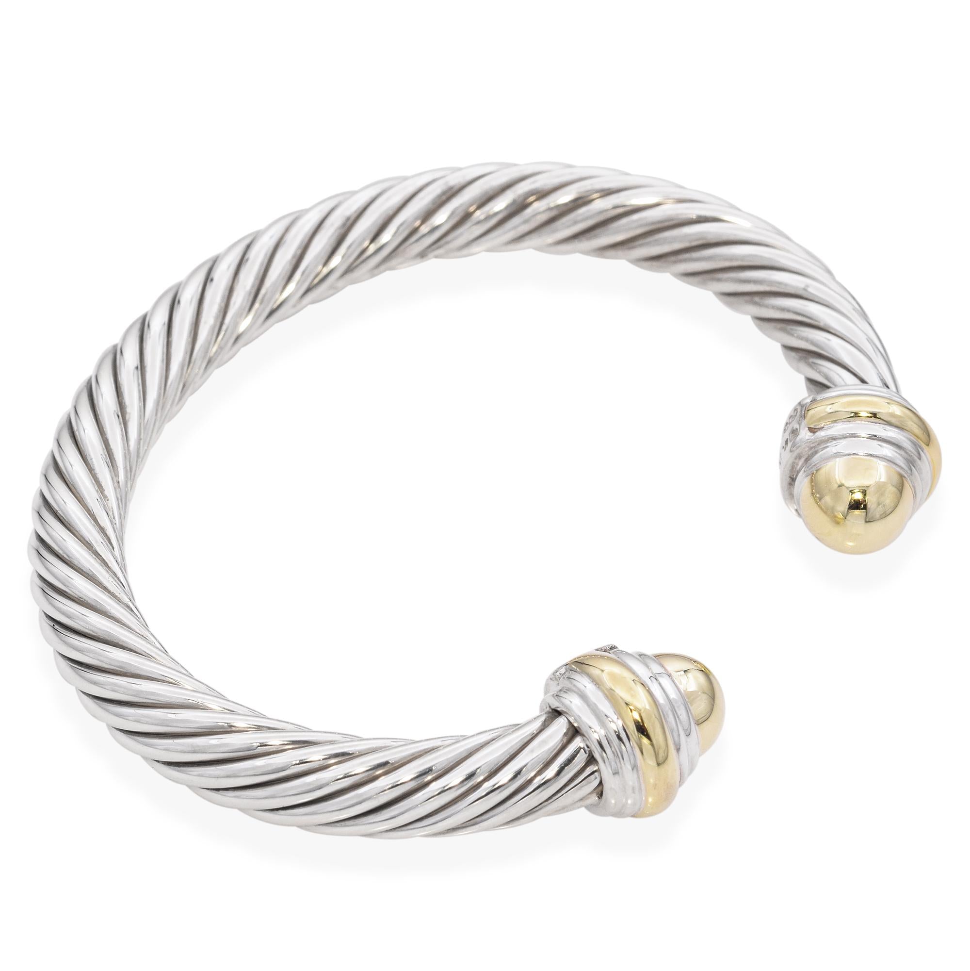 David Yurman Sterling Silver and 14K Yellow Gold Cable Cuff Bangle Bracelet